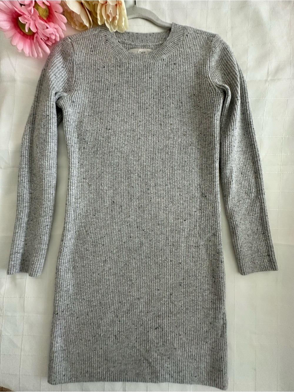 LOFT Grey Ribbed Long Sleeve Sweater Dress